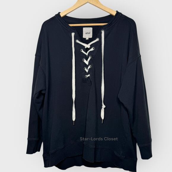 Aerie Black Oversized Lace-Up Sweatshirt Large Relaxed Fit Grunge Core Pullover - Picture 1 of 7